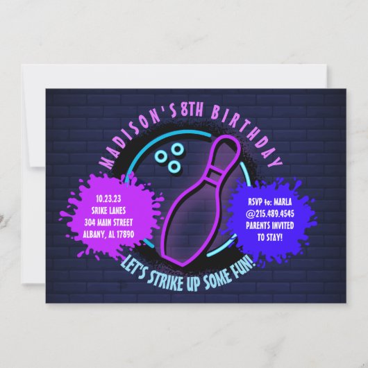 Carte NEON BOWLING BALL ROUND Anniversaire Fête Invitati (Devant)