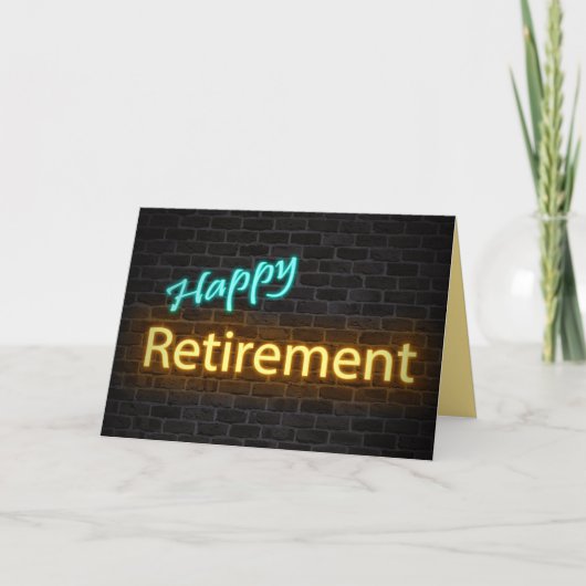 Carte neon happy retirement sign on brick (Devant)