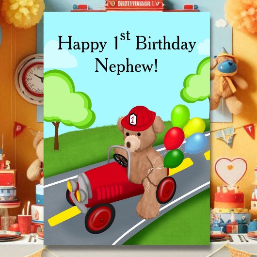 Carte Nephew 1er anniversaire Teddy Bear Firetruck