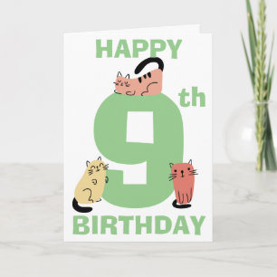 Carte Neuvième (9e) Anniversaire Doodle Cats Message per