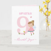 Carte Neuvième anniversaire fée mignon rose personnalisé (Fleur jaune)