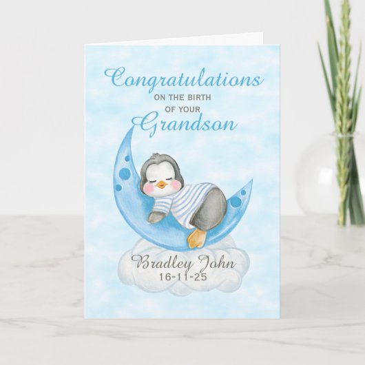 Carte New Baby Grandson Blue Penguin Moon (Devant)