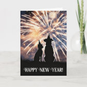 Carte New Year Cat Dog Party Hats Fireworks Wishes  (Devant)