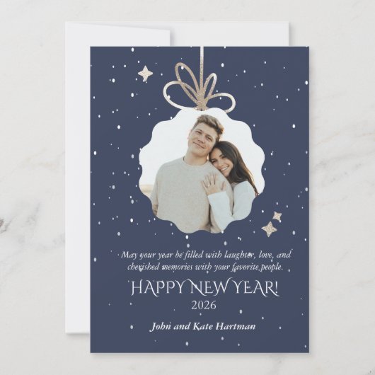Carte New Years Greeting Card with Photo Ornament (Devant)