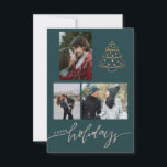 Carte Newlyweds Gold Christmas Tree 3 Photo Collage<br><div class="desc">Elégant 3 photo collage moderne (deux portraits et un paysage) hiver saisonnier nouvelle carte de voeux Mr et Mrs avec un petit arbre de Noël métallique en cuivre dessiné à la main et un script de calligraphie "happy days" gris taupe fantaisie sur un arrière - plan bleu foncé chasseur. Personnalisez...</div>