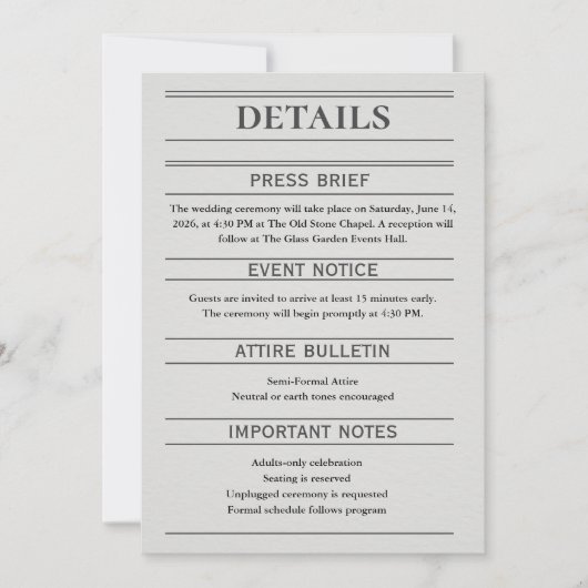 Carte Newspaper-Style Wedding Details Card (Devant)