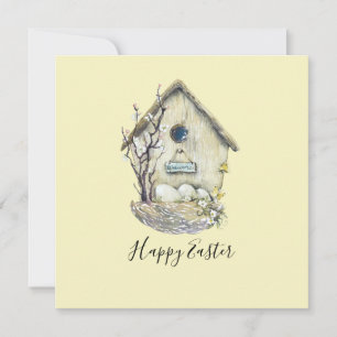 Carte Nid d'oeufs de maison d'oiseau à l'aquarelle Pâque