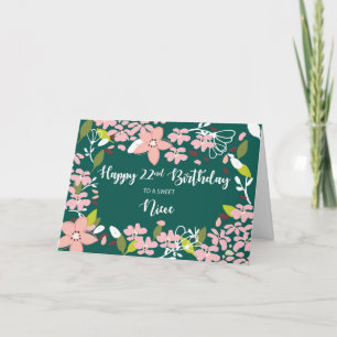 Carte Nièce 22e anniversaire Fleurs vertes