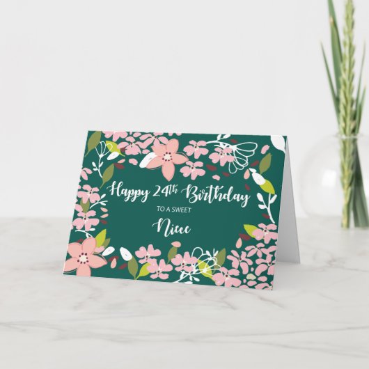 Carte Nièce 24e anniversaire Fleurs vertes (Devant)