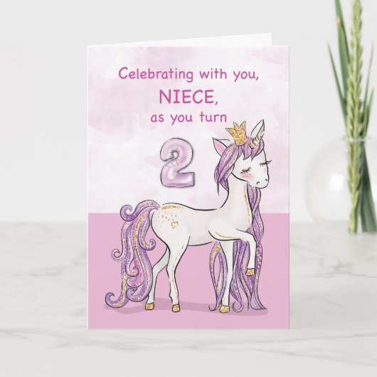 Carte Nièce 2ème anniversaire Cheval Rose Avec Couronne (Devant)