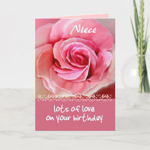 Carte NIECE Anniversaire avec Rose rose et dentelle