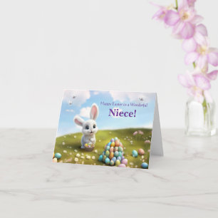 Carte Nièce Joyeuses Pâques avec Lapin et Œufs