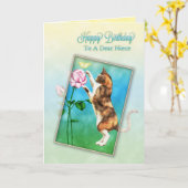 Carte Nièce, joyeux anniversaire avec un chat espiègle (Fleur jaune)