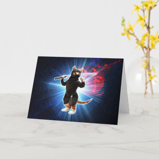 Carte Ninja Chat dans l'espace. (Fleur jaune)