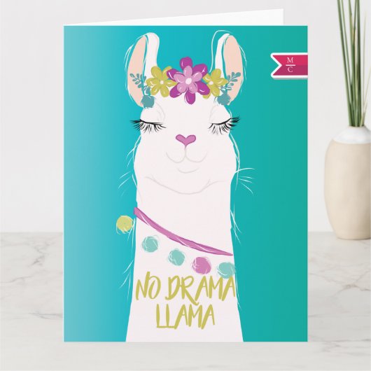 Carte No Drama Llama illustration Monogramme (Devant)