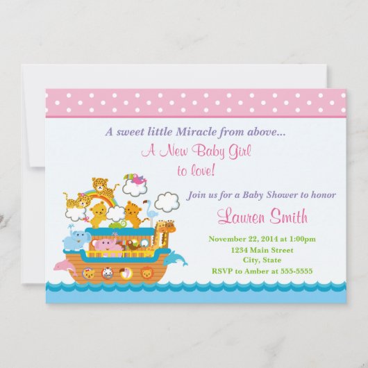 Carte Noah's Ark Girl Baby shower Invitation 5x7 (Devant)