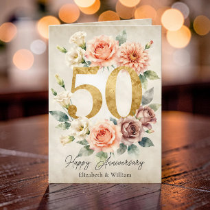 Carte Noces de mariage vintage pêche floral or 50ème ann
