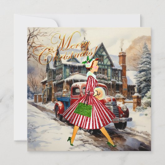 Carte Noël 1950 Dame Vintage (Devant)