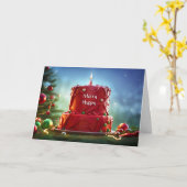 Carte Noël Anniversaire avec gâteau rouge et bougie (Fleur jaune)