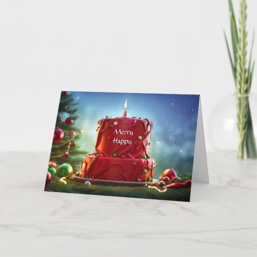 Carte Noël Anniversaire avec gâteau rouge et bougie (Devant)