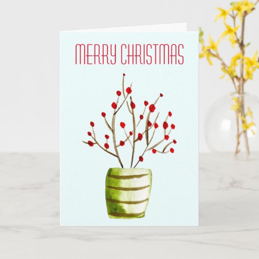 Carte Noël aquarelle Baies Rouges (Fleur jaune)