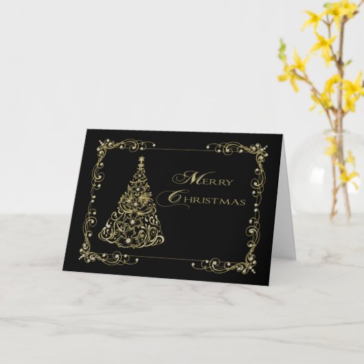 Carte Noël, Arbre d'or décoratif en noir (Fleur jaune)
