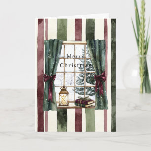 Carte Noël arbre fenêtre rayures rouge burgundy crème