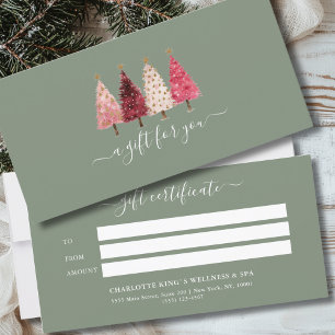 Carte Noël Arbre rouge rose vert certificat cadeau