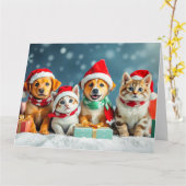 Carte Noël avec des chiots et des chatons (Fleur jaune)