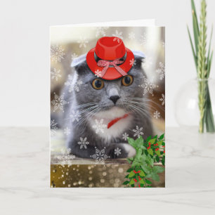 Carte Noël avec écossais Pold Cat en Casquette rouge