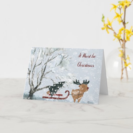 Carte Noël avec Moose Pulling Christmas Tree (Fleur jaune)