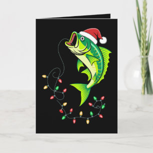 Carte Noël Bass Fish Chapeau de Père Noël Lumières Pêche