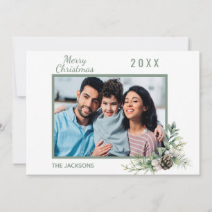 Carte Noël blanc cône pinède photo de famille moderne