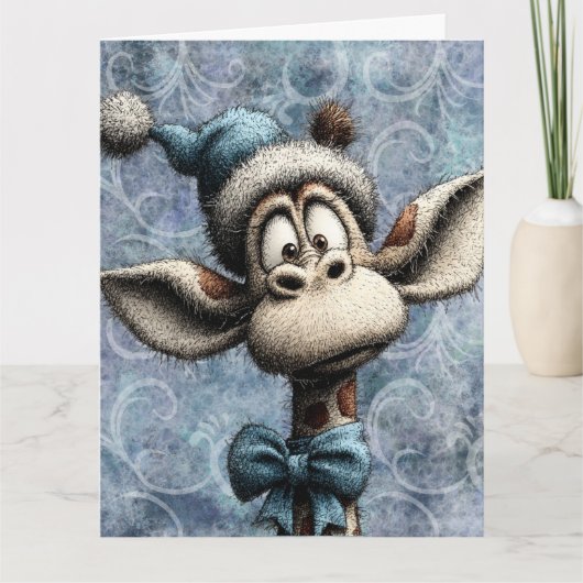 Carte Noël Bleu Girafe Mignon Avec Chapeau (Devant)