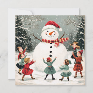 Carte Noël bonhomme de neige en hiver scène des merveill