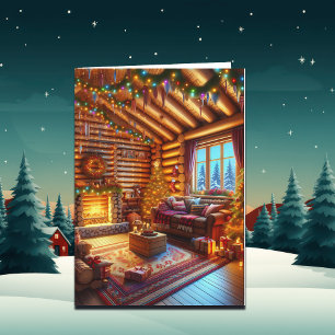 Carte Noël Cabane en Bois et Cheminée Chauds et Conforta