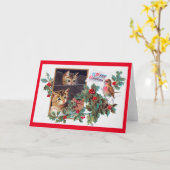 Carte Noël, chaton de Noël et petit oiseau (Fleur jaune)