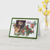 Carte Noël, chaton de Xmas et petit oiseau (Fleur jaune)