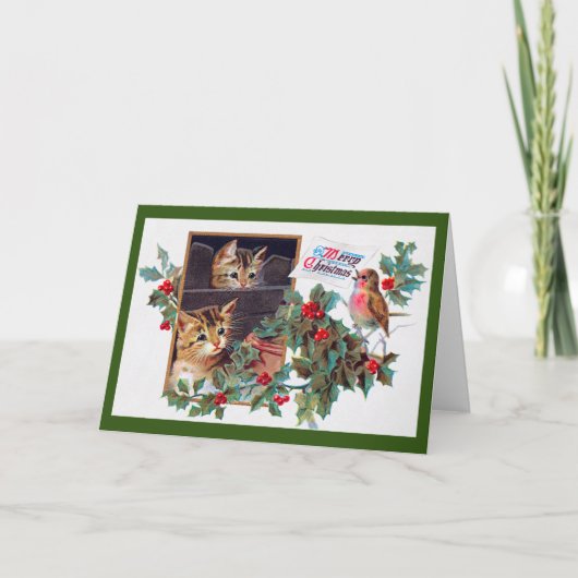 Carte Noël, chaton de Xmas et petit oiseau (Devant)