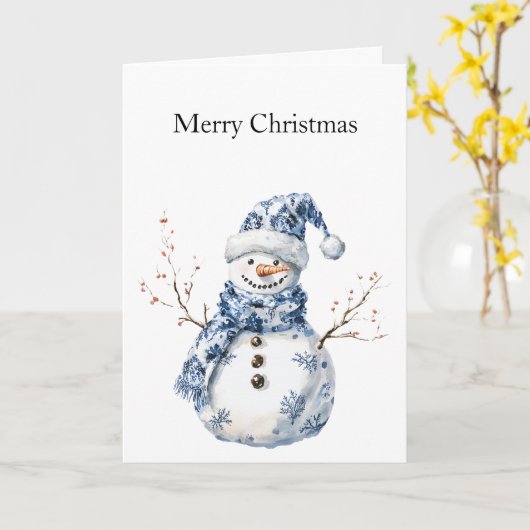 Carte Noël Chic Bleu Blanc Snowman (Fleur jaune)
