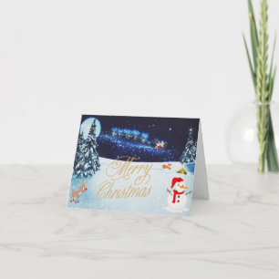 Carte Noël dans la forêt avec le traîneau du Père Noël,