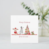 Carte Noël de chiens et chats avec un arbre cadeau (Debout devant)
