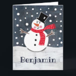 Carte Noël de Snowman personnalisé<br><div class="desc">Cette scène de neige de Noël de bonhomme de neige est imprimée d'un collage conçu par Helen McCartney Designs.</div>