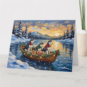 Carte Noël en bateau avec Husky sibérien
