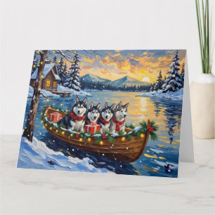 Carte Noël en bateau avec Malamute d'Alaska Fêtes