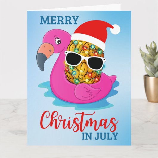 Carte Noël en juillet Ananas Santas Casquette Flamant ro (Petite plante)
