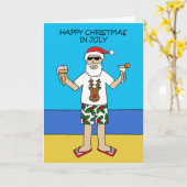Carte Noël en juillet, Père Noël on the Beach. (Fleur jaune)