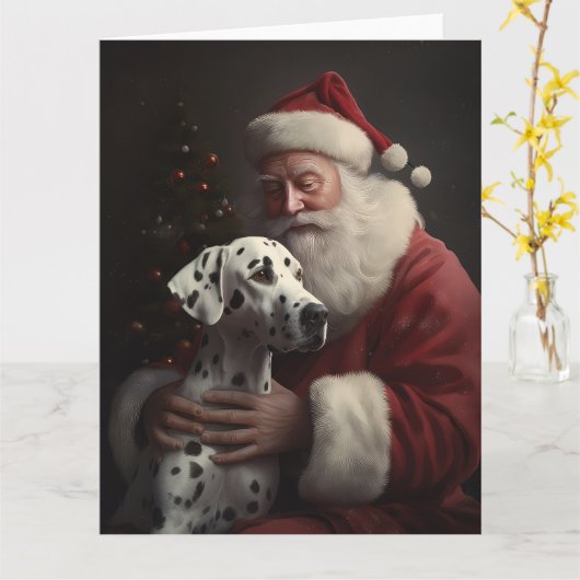 Carte Noël festif Dalmatien avec le Père Noël (Fleur jaune)