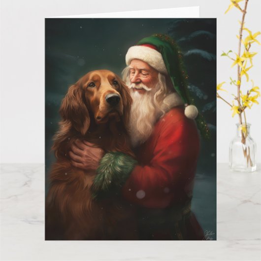 Carte Noël festif du Père Noël de l'Irish Red Setter (Fleur jaune)