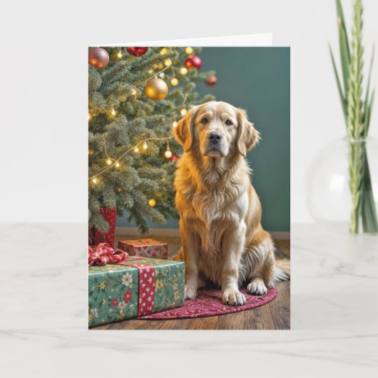 Carte Noël Golden Retriever avec cadeaux de vacances (Devant)